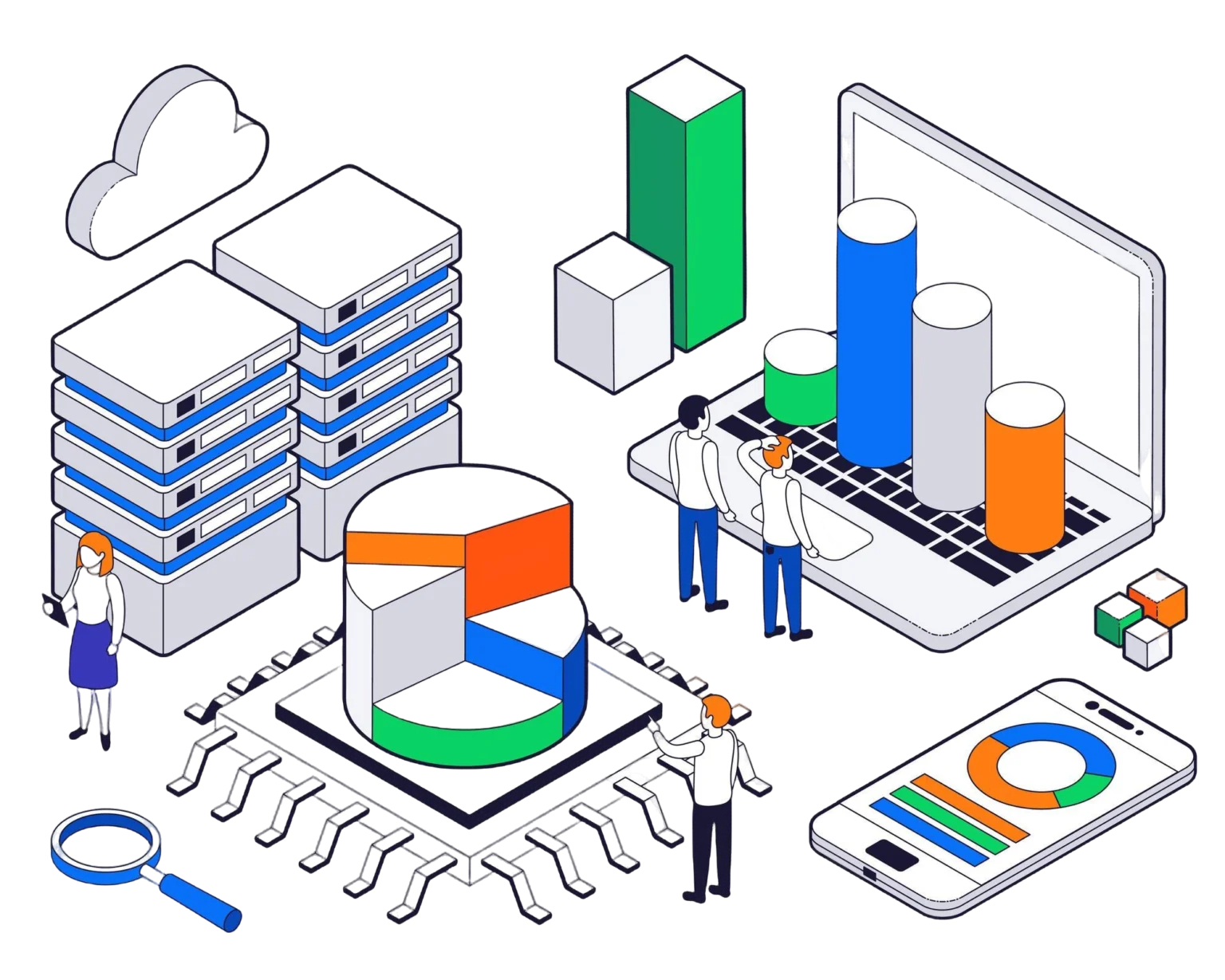 Illustration of servers, cloud, dashboards and analytics around a Microsoft Dynamics 365 finance and operations system