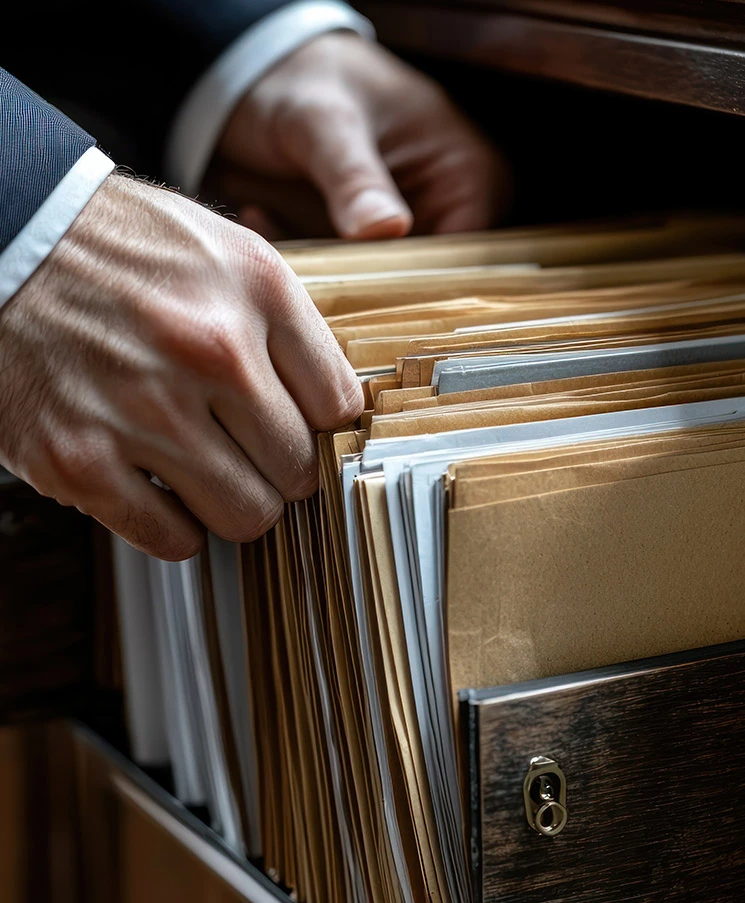 Hands sorting paper files in a records cabinet, representing legacy data being moved to Microsoft Dynamics