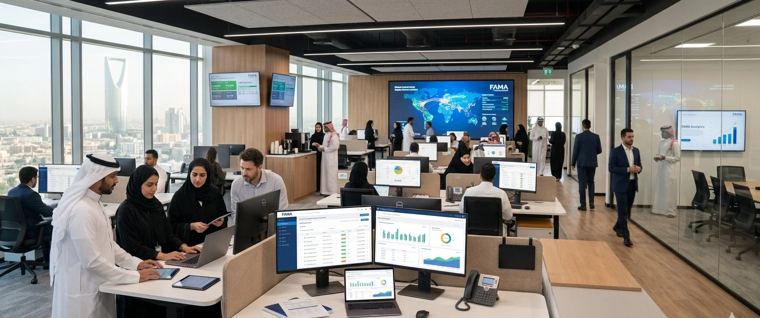 Business team reviewing dashboards in a Riyadh office